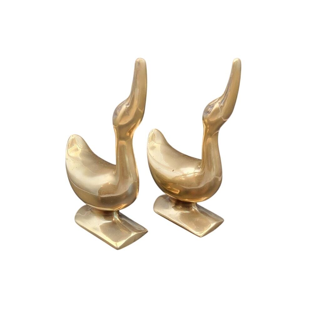 Vintage Brass Ducks‎ Geese Bookends Lucky Heads Up Sculptures Weighted